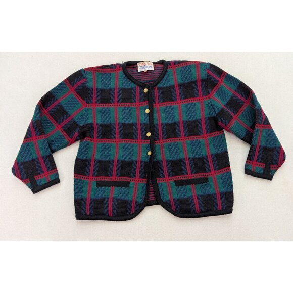 Tally Ho Vintage Women's Cardigan Sweater Size Large Green Plaid - Picture 1 of 14